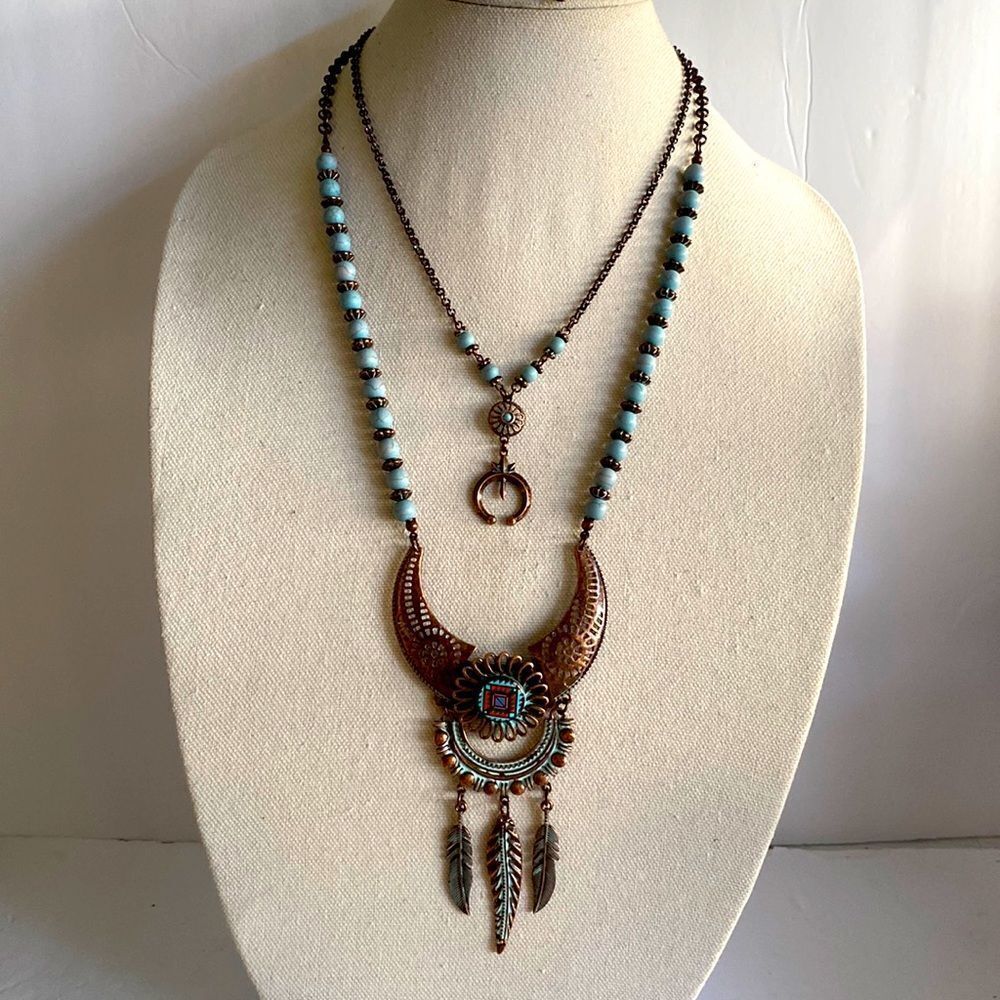 Copper color turquoise color hanging feathers 2 layer extender 16 1/2 inches new